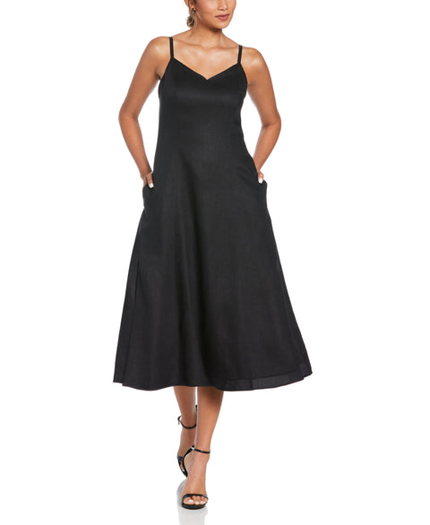 Linen Thin Strap Midi Dress (Black) 