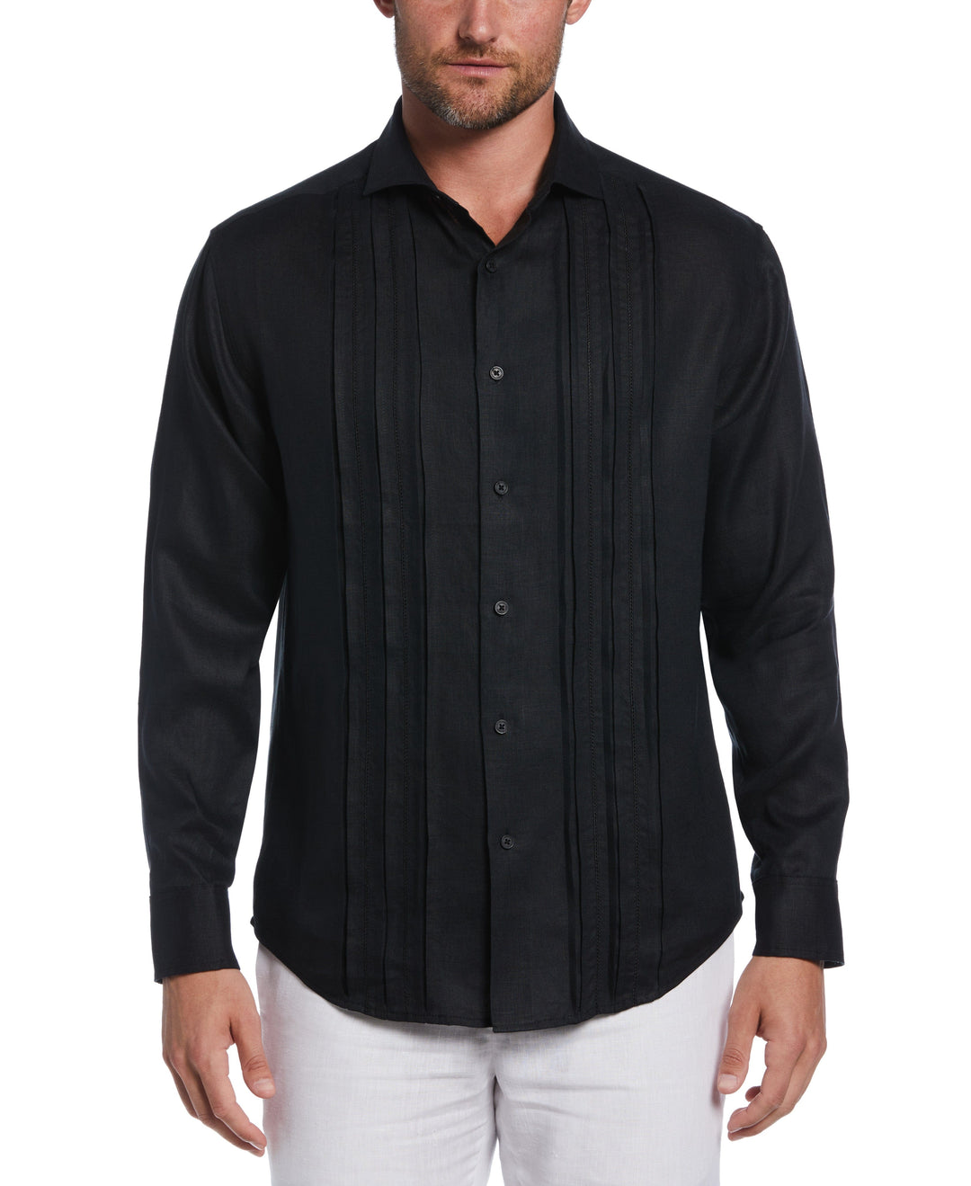 Linen Triple Tuck Embroidered Panel Shirt (Jet Black) 