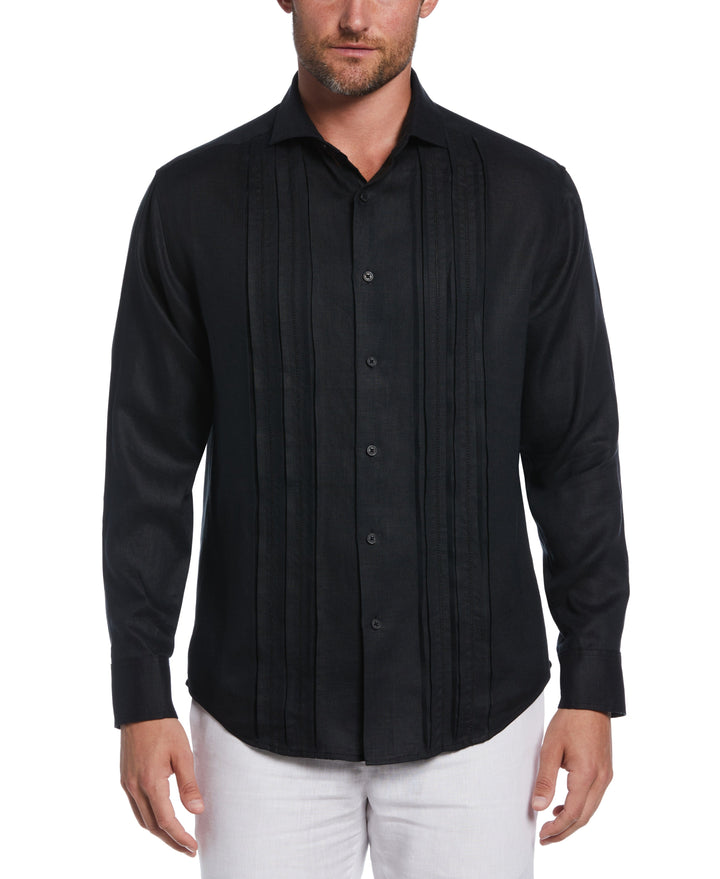 Linen Triple Tuck Embroidered Panel Shirt (Jet Black) 
