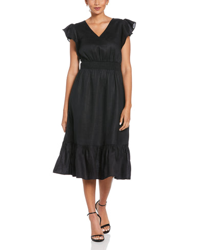 Linen V-Neck Ruffle Sleeve Maxi Dress (Black) 