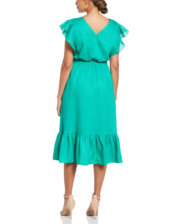 Linen V-Neck Ruffle Sleeve Maxi Dress (Simply Green) 