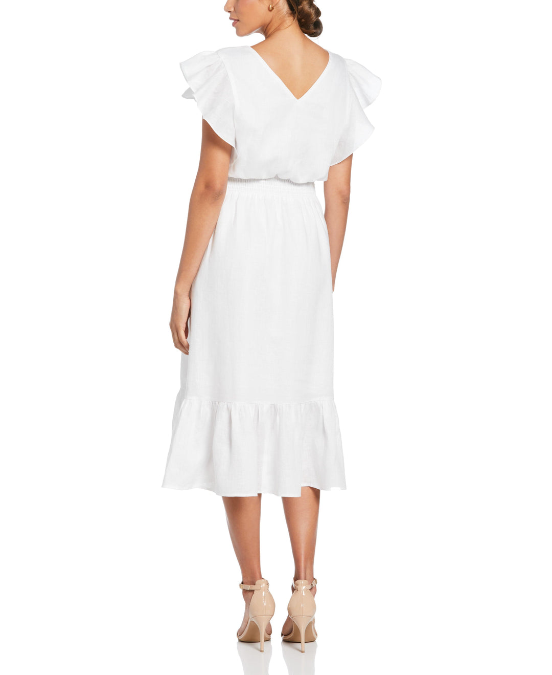 Linen V-Neck Ruffle Sleeve Maxi Dress (White) 