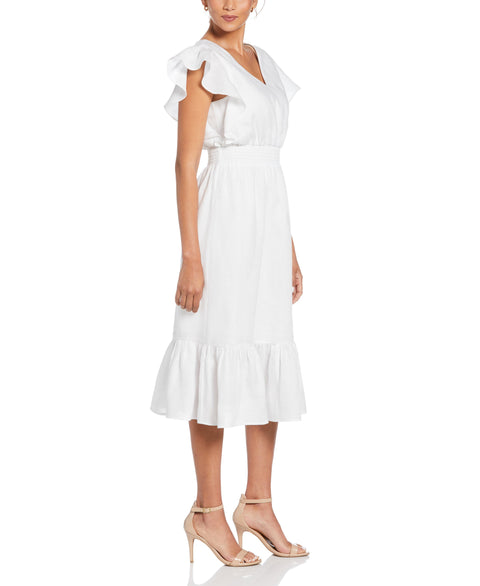 Linen V-Neck Ruffle Sleeve Maxi Dress (White) 