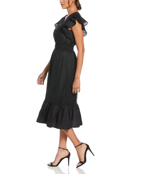 Linen V-Neck Ruffle Sleeve Maxi Dress (Black) 