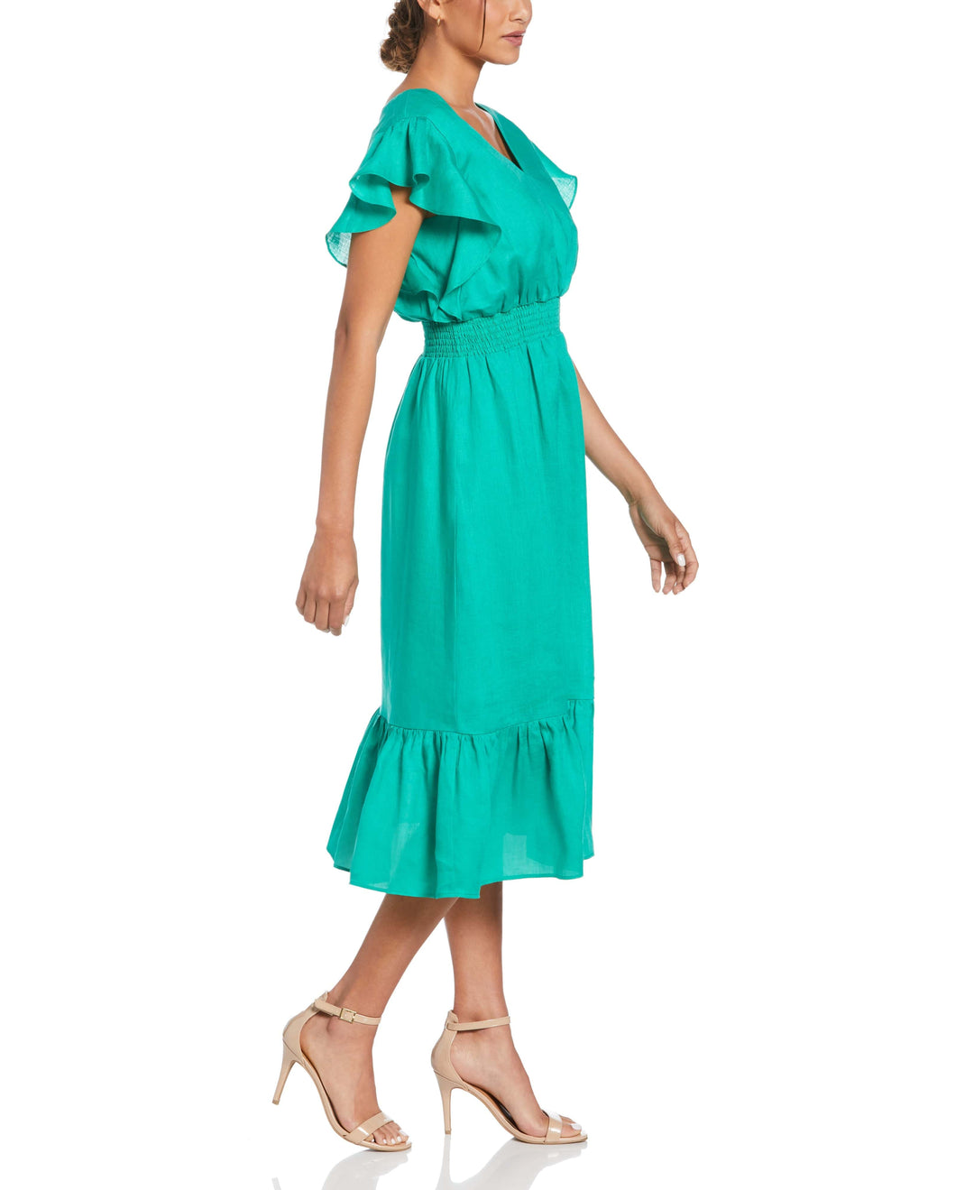 Linen V-Neck Ruffle Sleeve Maxi Dress (Simply Green) 