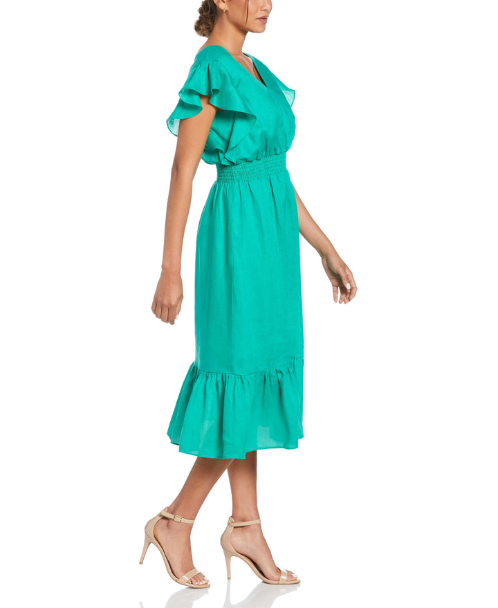 Linen V-Neck Ruffle Sleeve Maxi Dress (Simply Green) 