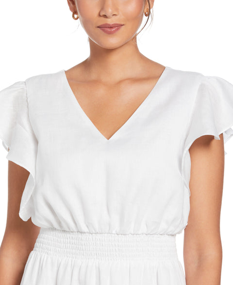 Linen V-Neck Ruffle Sleeve Maxi Dress (White) 