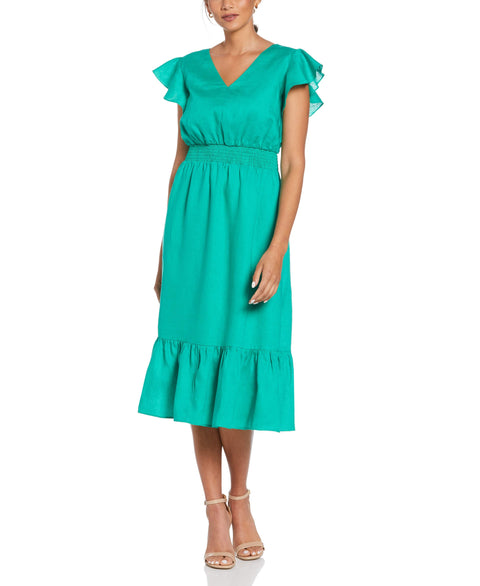 Linen V-Neck Ruffle Sleeve Maxi Dress (Simply Green) 