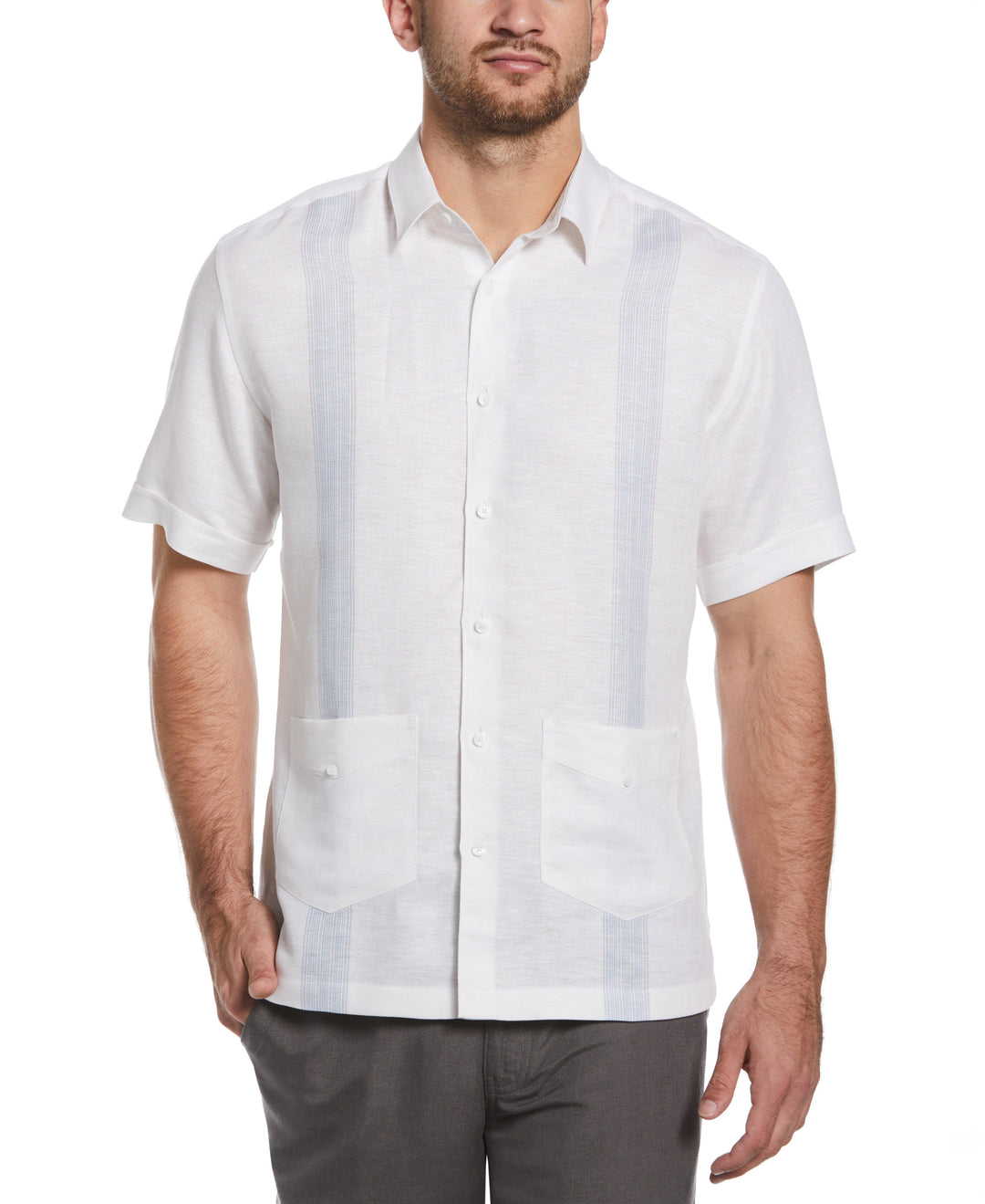 Striped Panel Double Lower Pocket Guayabera Shirt (Brilliant White) 