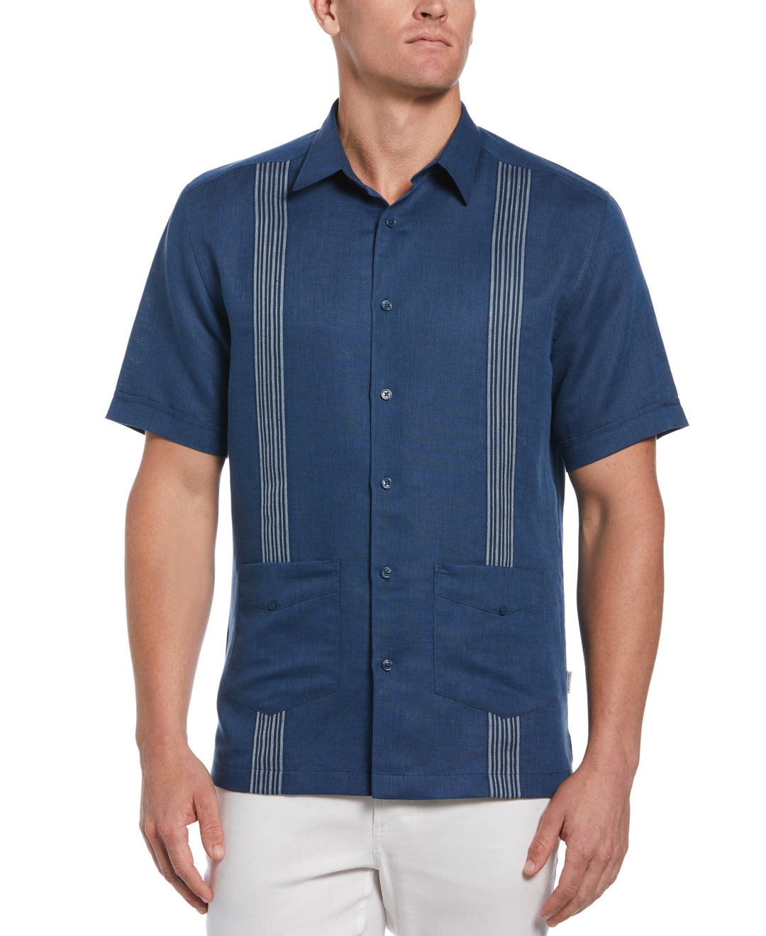 Striped Panel Double Lower Pocket Guayabera Shirt (Insignia Blue) 