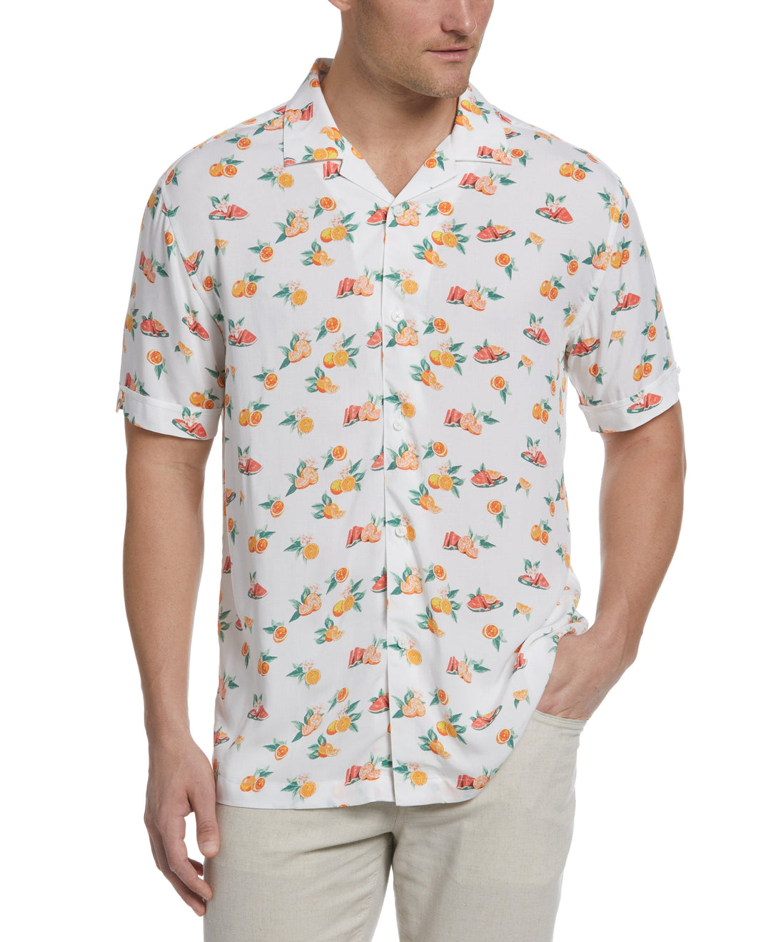Tropical Fruit Print Button Down Shirt (Brilliant White) 