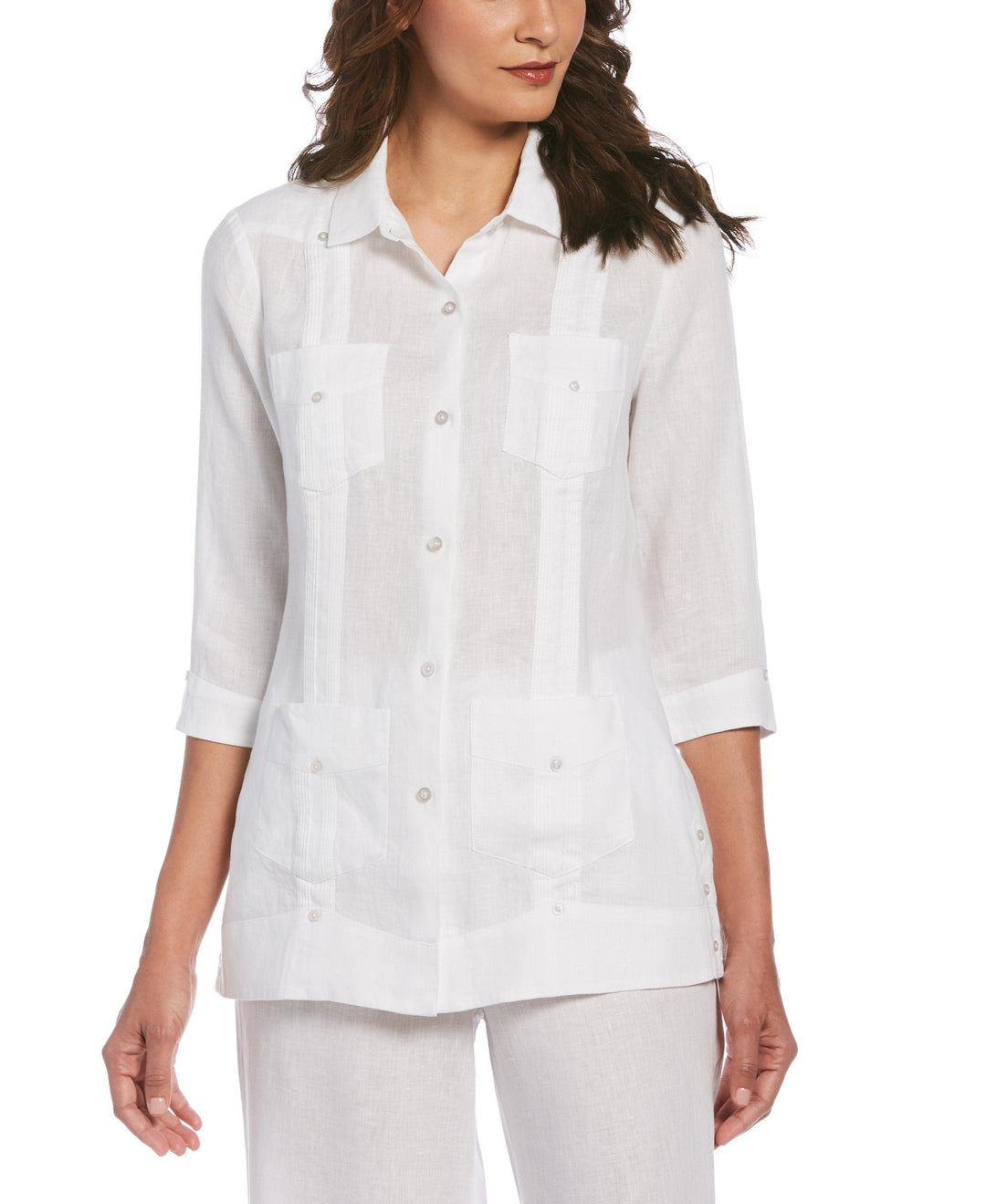 Solid Linen Guayabera Shirt-White-L-Cubavera