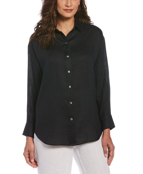 Solid Yarn-Dyed Linen Blouse-Black-M-Cubavera