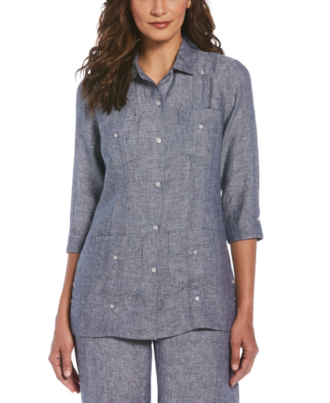 Two-Tone Linen Guayabera Shirt-Indigo-L-Cubavera