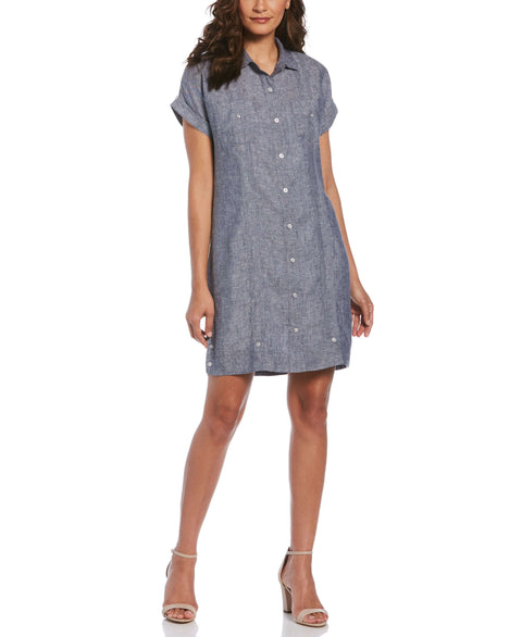 Two-Tone Two-Pocket Linen Guayabera Dress-Indigo-XL-Cubavera