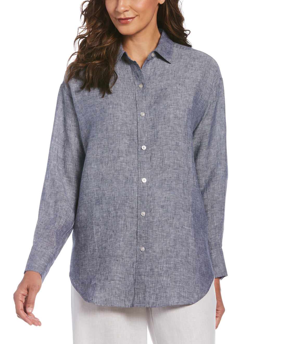 Two-Tone Yarn-Dyed Linen Blouse-Indigo-S-Cubavera